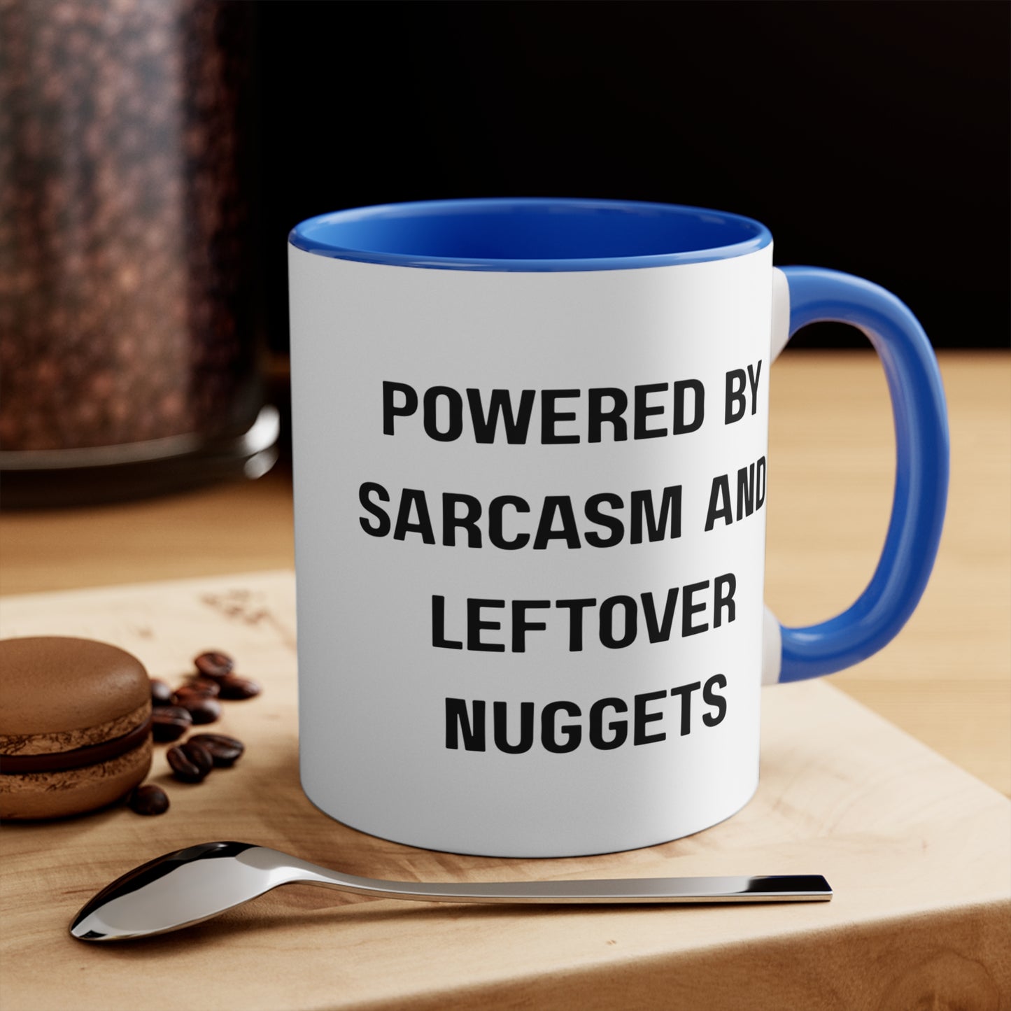 Powered by Sarcasm and Leftover Chicken Nuggets Mug – Funny Mom Life Coffee Cup, Coffee Lovers Gift, Funny Quote Mug, Humor Coffee Cup, Unique Office Decor, Gift for Him/Her