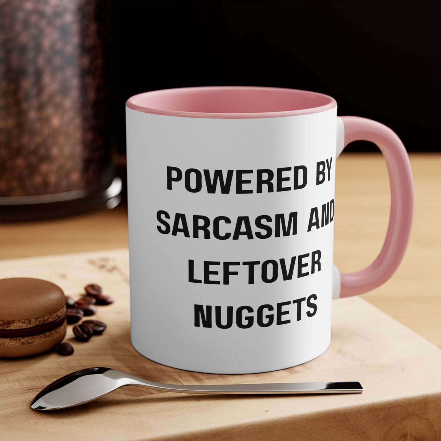 Powered by Sarcasm and Leftover Chicken Nuggets Mug – Funny Mom Life Coffee Cup, Coffee Lovers Gift, Funny Quote Mug, Humor Coffee Cup, Unique Office Decor, Gift for Him/Her