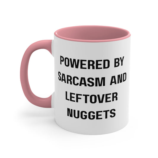 Powered by Sarcasm and Leftover Chicken Nuggets Mug – Funny Mom Life Coffee Cup, Coffee Lovers Gift, Funny Quote Mug, Humor Coffee Cup, Unique Office Decor, Gift for Him/Her
