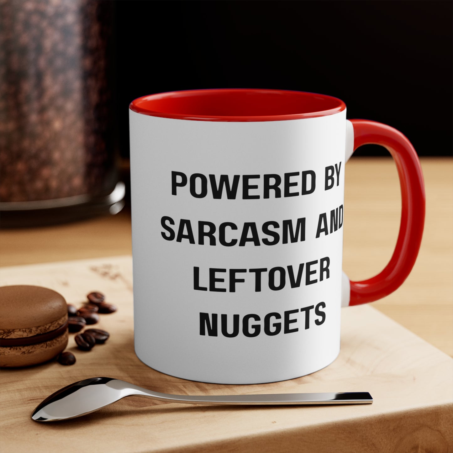 Powered by Sarcasm and Leftover Chicken Nuggets Mug – Funny Mom Life Coffee Cup, Coffee Lovers Gift, Funny Quote Mug, Humor Coffee Cup, Unique Office Decor, Gift for Him/Her
