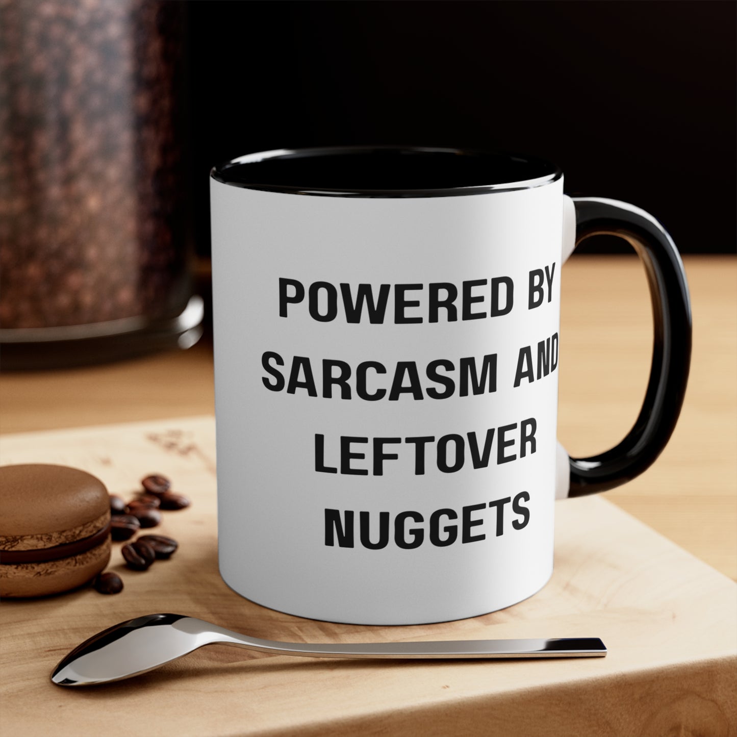 Powered by Sarcasm and Leftover Chicken Nuggets Mug – Funny Mom Life Coffee Cup, Coffee Lovers Gift, Funny Quote Mug, Humor Coffee Cup, Unique Office Decor, Gift for Him/Her